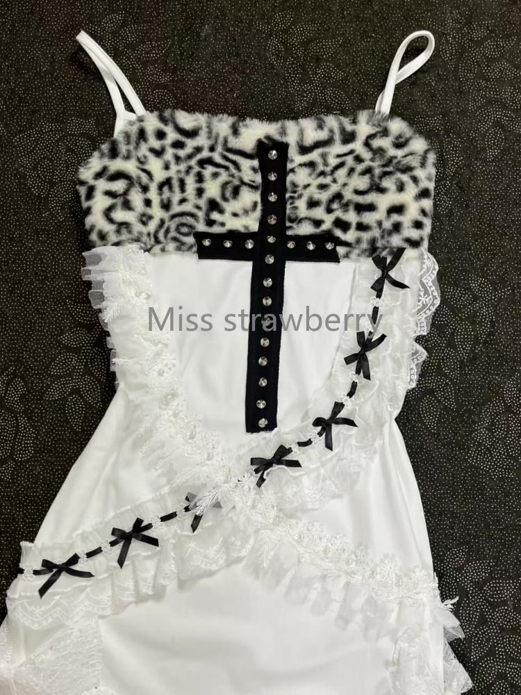American Hottie Cross One Piece Dress Woman Gothic Y2k Leopard Print Lace Slip Dresses Aesthetic Hepburn Fashion Design Clothes