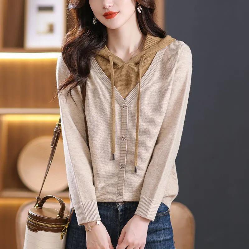 Women's Loose Knit Hooded Sweater for Spring & Autumn 2025 - Trendy Two-Piece Layered Look