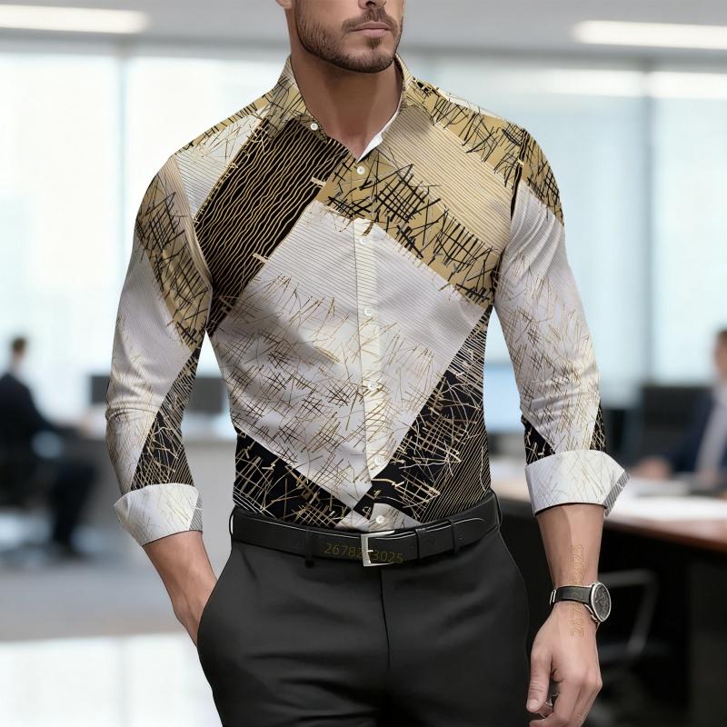 Men's Shirt with Geometric Block Print, Slim Fit, Business Commuting Long Sleeved Shirt, Spring and Autumn Trendy Casual Top