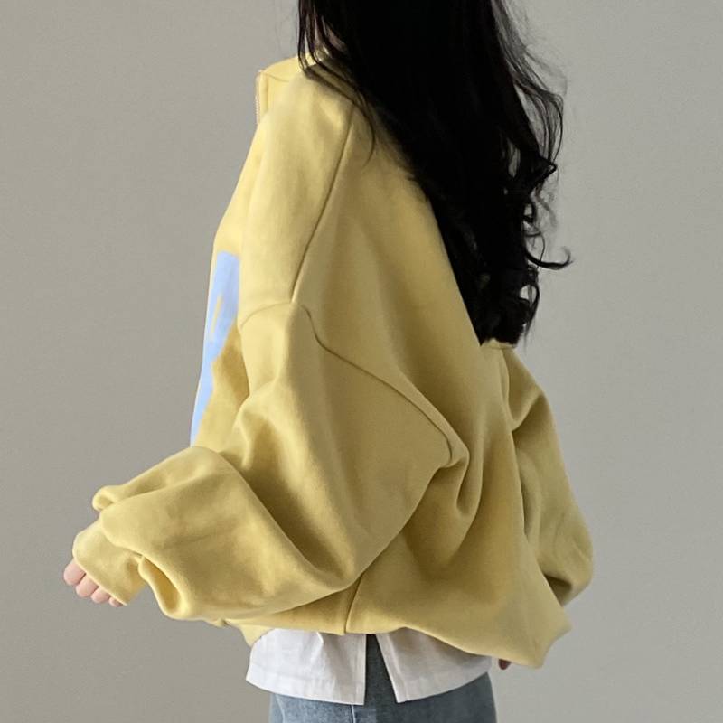 Frühlings Koreanischer Chic Damen Letter Print Hoodie Mit Stehkragen Und Lockerer Passform Für Freizeitkleidung