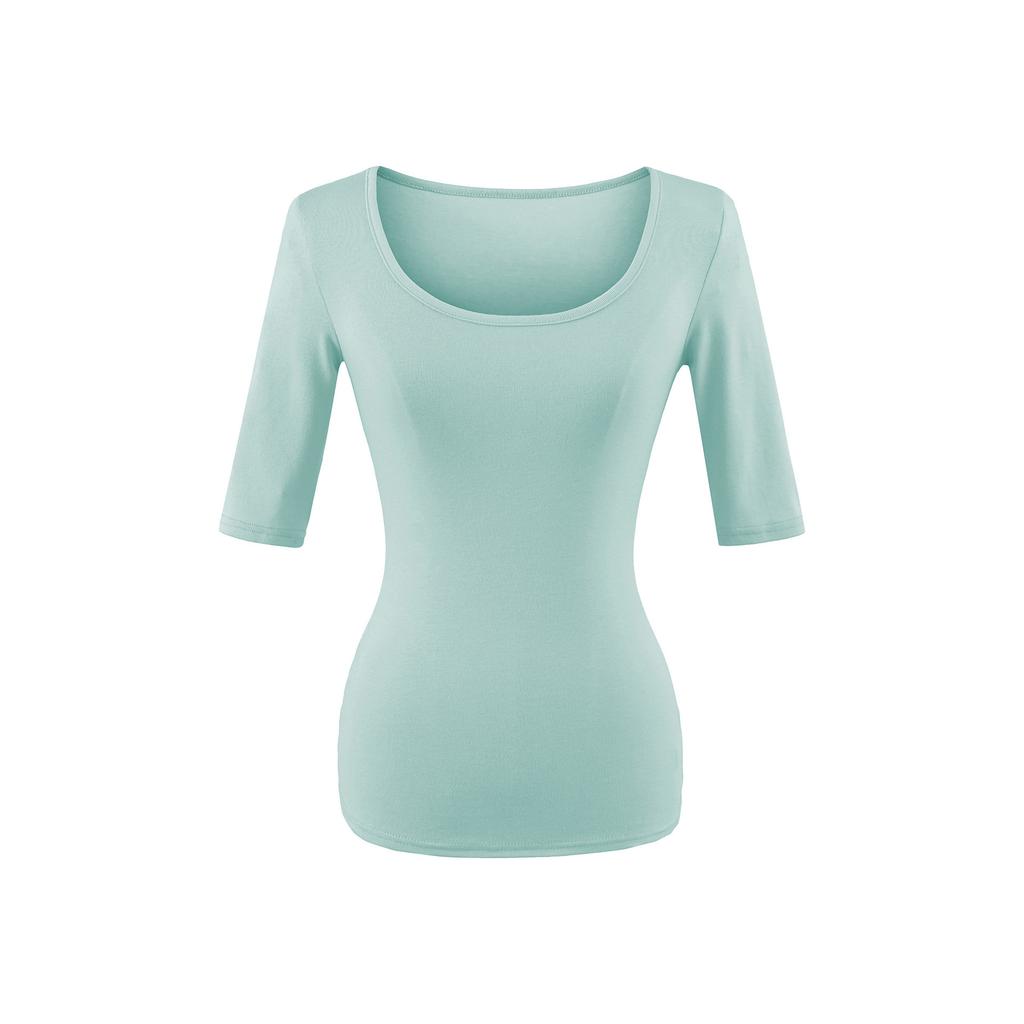 U-neck slightly transparent medium-sleeved T-shirt women's summer new American Spice Girl style solid color sexy slim-fitting bottoming shirt top