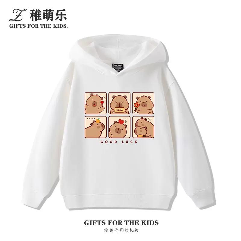 Sudadera con capucha infantil con estampado de capibara, otoño e invierno, para niños y niñas, forrada de felpa, versátil y a la moda.