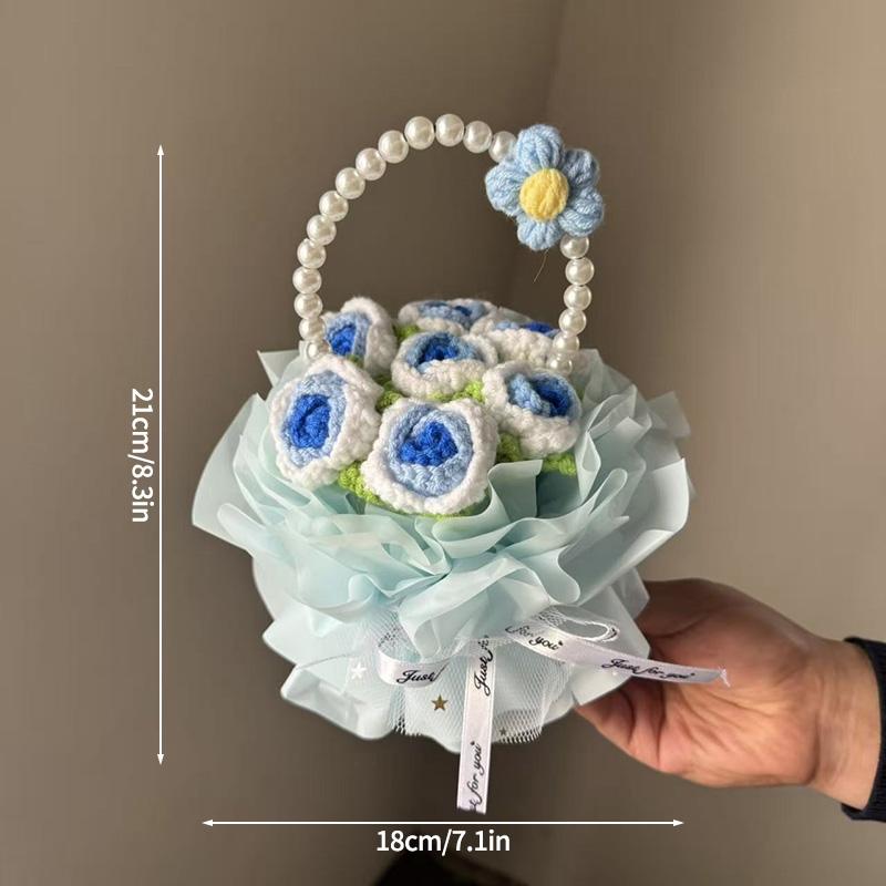 Crochet Rose Bouquet Handmade Knitted Sunflower Basketed For Graduation Mothers Day Birthday Wedding Gift Home Office Desk Decor