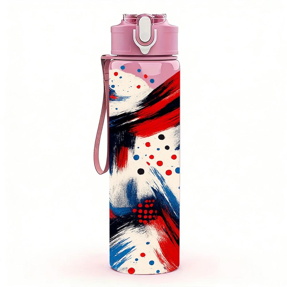 1PC Red Blue White Abstract Swirl Print 750ml Color Plastic Sports Water Bottle Leakproof Flip Straw Lid Suitable for Sports Office Home Use
