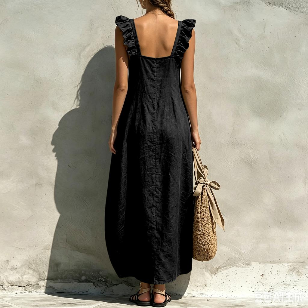 Sleeveless Square Neck Ruffle Strap Maxi Dress Loose Fit Casual Lightweight Summer Dress for Women Beachwear