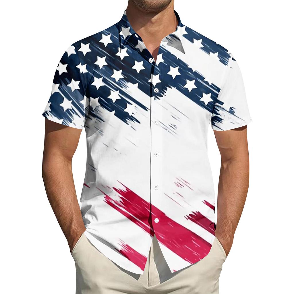Men's Independence Day Printed Collared Top Men's Casual Sports Short-Sleeve Shirt