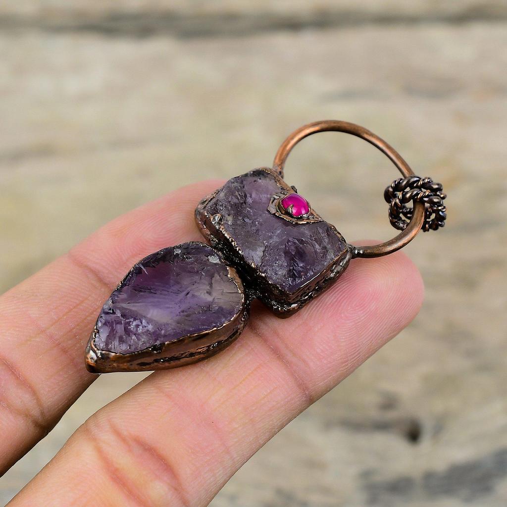 African Amethyst Rough Pendant Electroformed Copper Pendant Pink Tourmaline Pendant Gemstone Jewelry For Gift Handmade Electroformed Jewelry