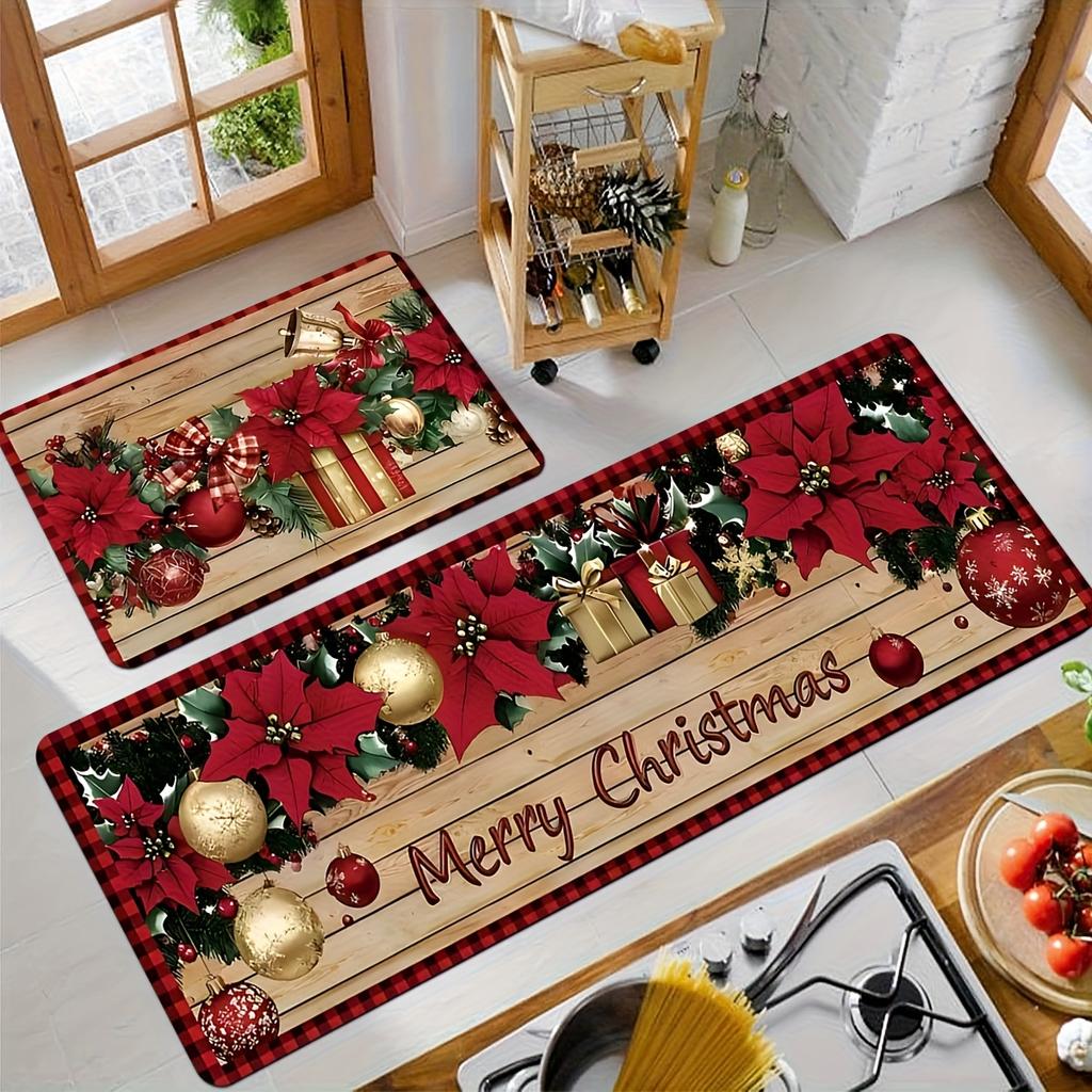 Set Christmas Kitchen Floor Mats Non Slip Washable Poinsettia Golden Border Runner Rug for Family Xmas Holiday Decor