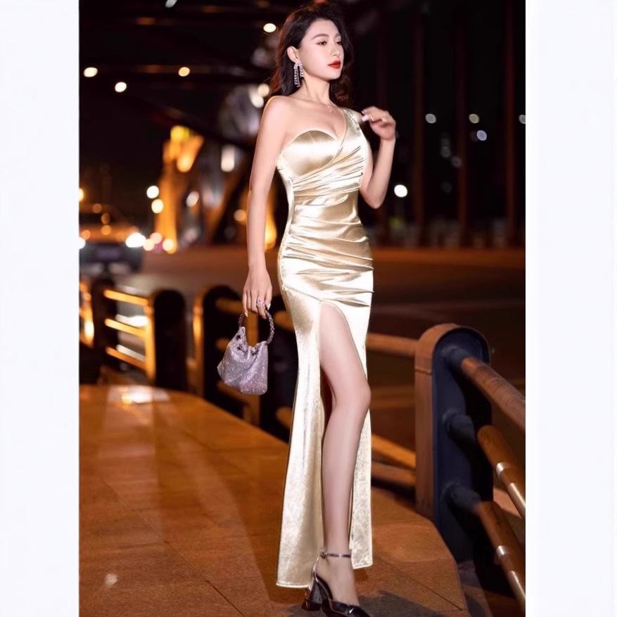 Single shoulder evening dress slim-fitting night wear spa technician night main store sexy split dress fishtail long