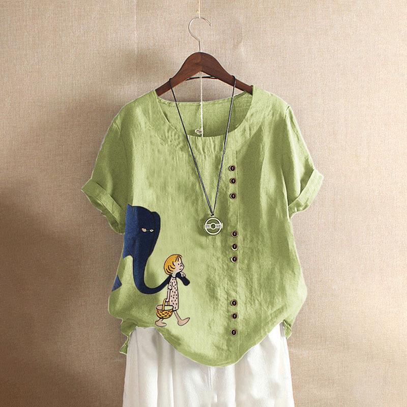 GMXIA Summer Vintage Plus-size Casual Loose Cotton and Linen Short Sleeve Pullover T-shirt Cotton and Linen Women Plus-size Women's Wear