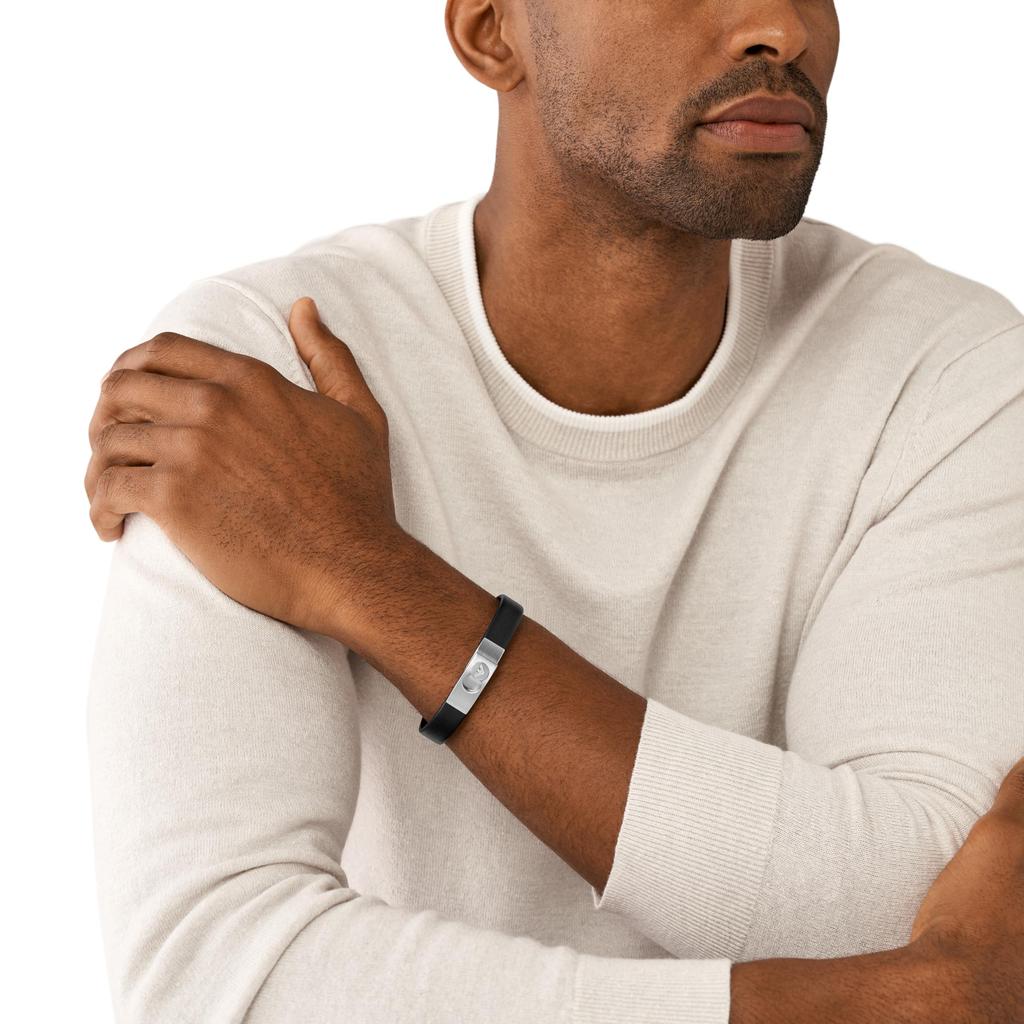 Emporio Armani Silver Stainless Steel Black Leather Strap Bracelet One Leather Stainless No Men's & Women's & (Model EGS3087040), Size, Steel,