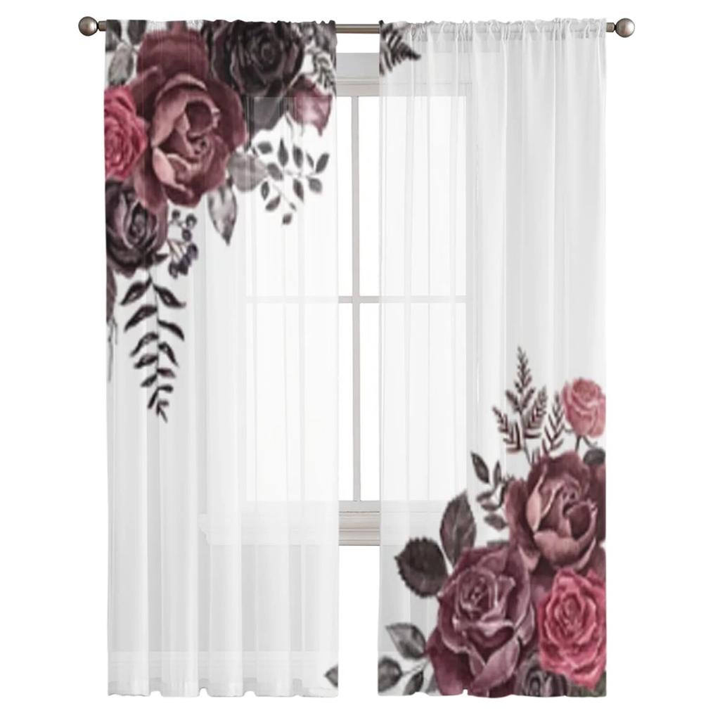 Perdele transparentă cu trandafiri roșu închis și burgundă pentru fereastră din sufragerie perdea transparentă din tul din voal draperii pentru dormitor