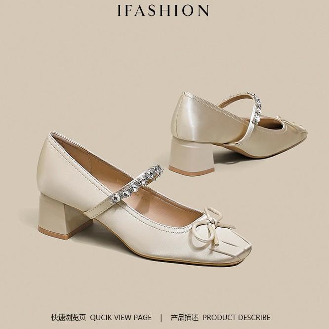 Rhinestone Square Head Fairy Wind Bow Rhinestone One-word Strap High Heels Women's Thick Heel Single Shoes Middle Heel Mary Jane Girl