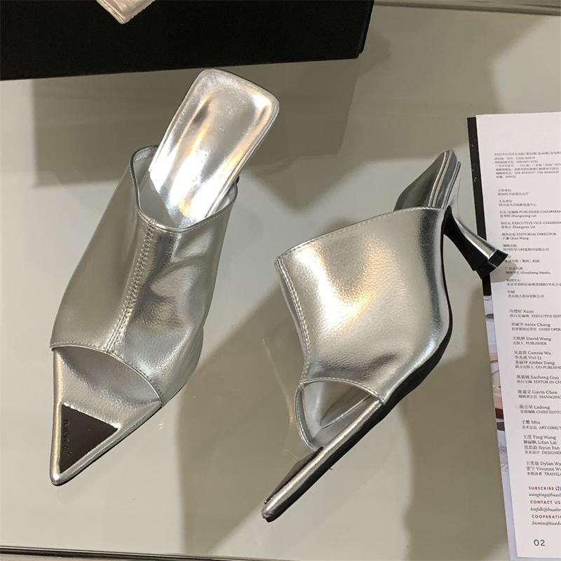 

Fashion Shoes for Women New Summer Pointed Peep Toe Slide Slippers Thin Low Heels Banquet Party Prom Ladies Designer Shoes Zapatos Mujer 35 серебряный