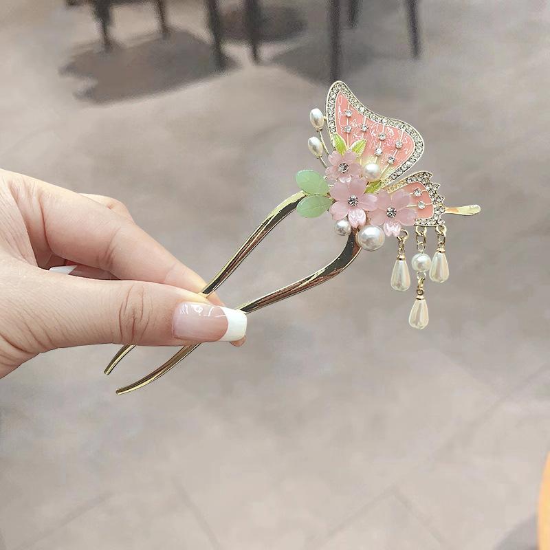 New Chinese temperament flower butterfly hairpin pearl fringed hairpin ancient Hanfu cheongsam plate head accessories hairpin