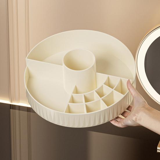 מארגן איפור מסתובב 360 מעלות קופסת אחסון קוסמטיקה עם מחזיק למברשות איפור מארגן עגול לשולחן איפור לטיפוח עור, בשמים, קרמים