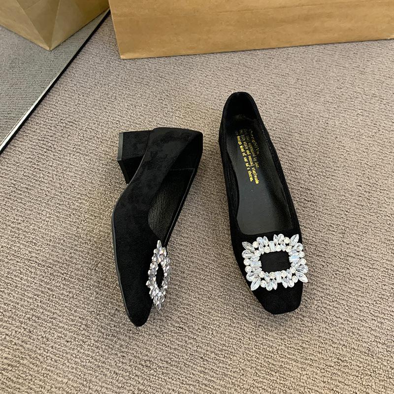 Premium single shoes women's spring new temperament rhinestone high heels thick heel square head shoes