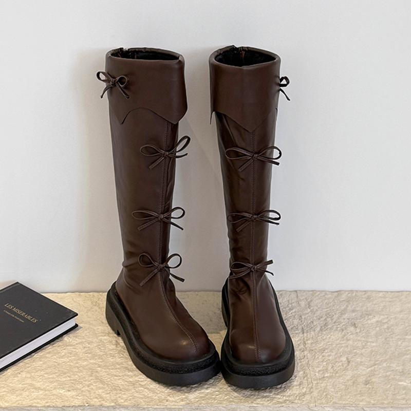 

Bow Platform High top Women Flats Knee Elegant Designer Motorcycle Winter New Dress Cozy Mujer Botas 35