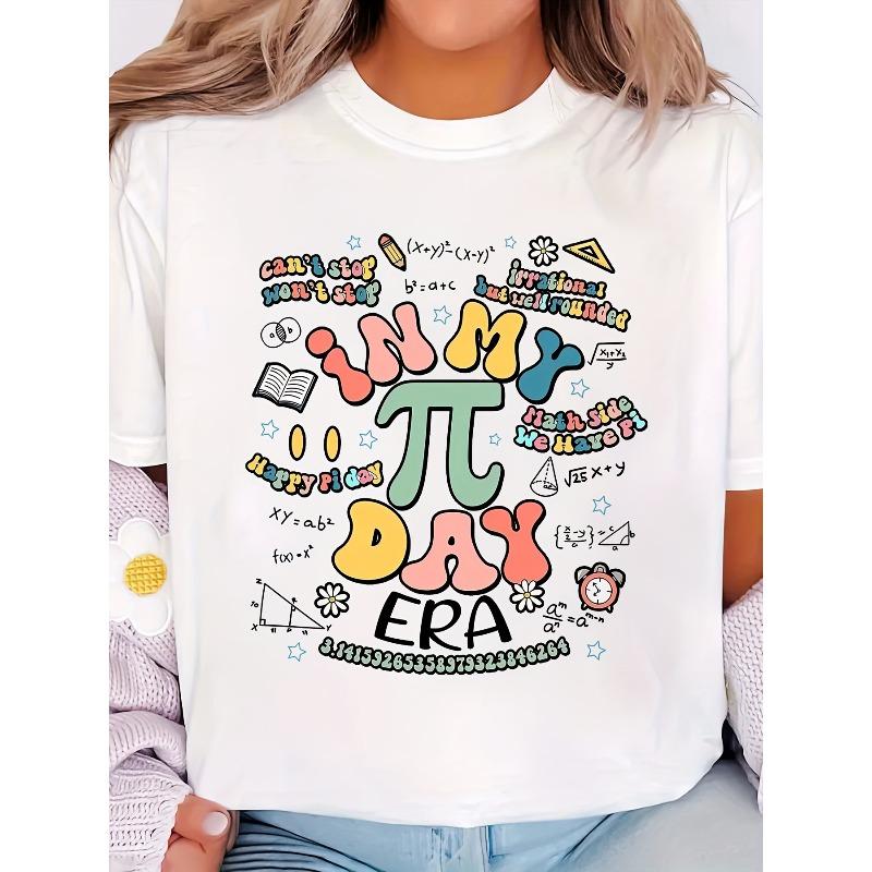 

Women S Casual Graphic Print T-Shirt - Short Sleeve Crew Neck, Vibrant Math-Themed Design, Lightweight Cotton Top for Spring & Summer S белый