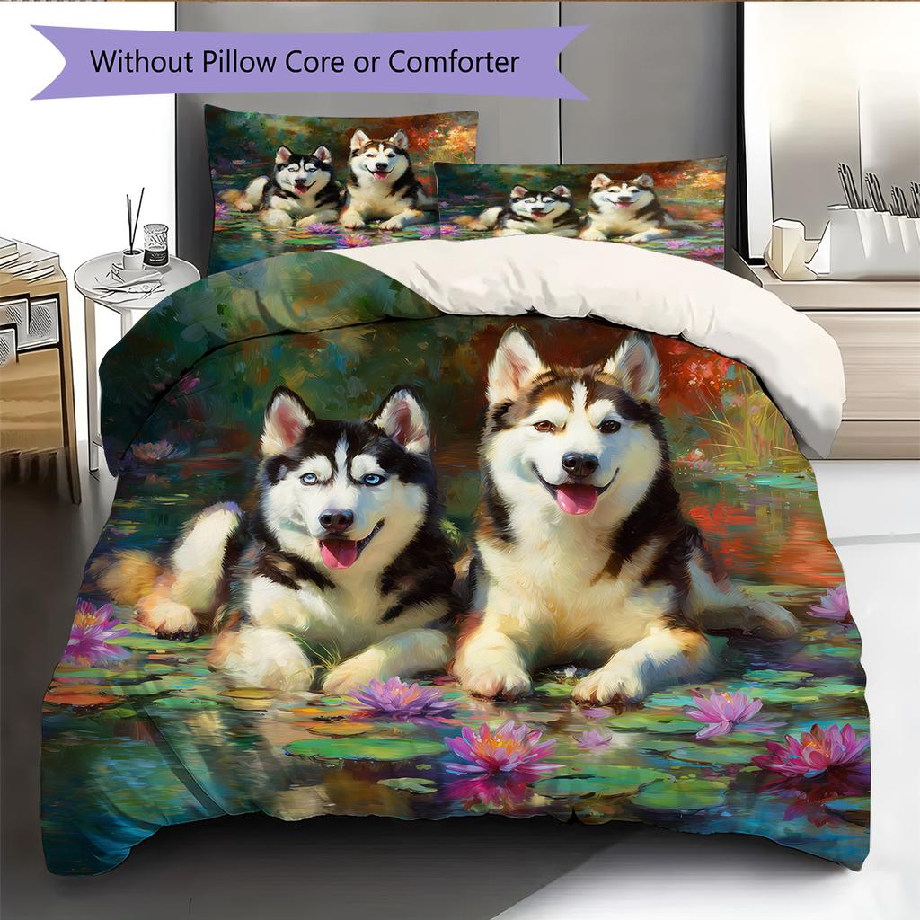 Husky and flowers Pattern Bedding Home Decoration Birthday Gift (1 * duvet cover + 2 * pillowcase, without core)