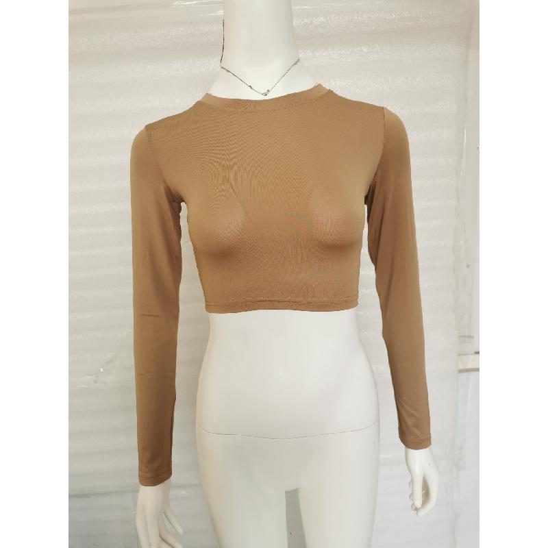 2026 New Spring Women's Fashionable Cropped Slim-Fit T-Shirt Solid Color Long-Sleeve Top