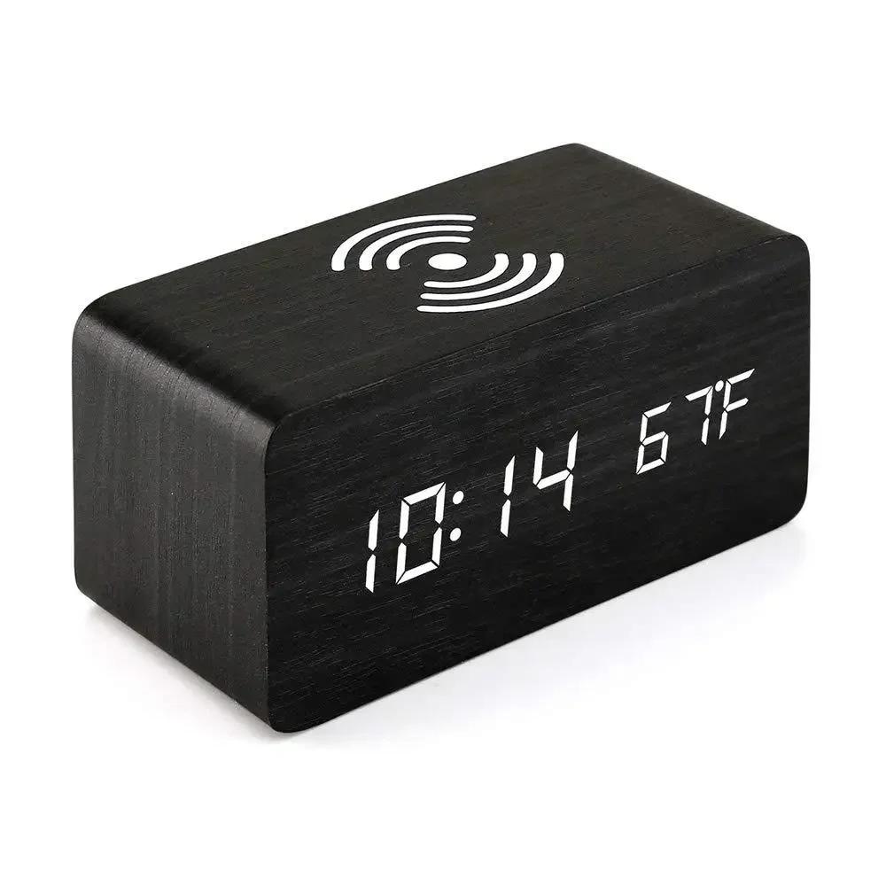 Alarm Clock LED Digital Wooden USB/AAA Powered Table Watch with Temperature Humidity Wireless Charging Electronic Desk Clocks