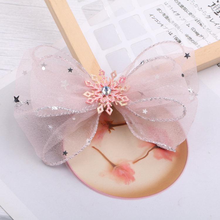 Princess Snowflake Bow Hair Clips for Girls - Cute Pink Korean Style Headwear