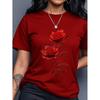 Damen lässiges T-Shirt mit Rosen-Schmetterlings-Print, Rundhalsausschnitt, kurzärmelig, Sommer