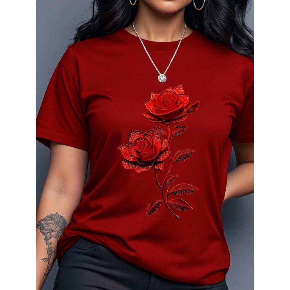 Damen lässiges T-Shirt mit Rosen-Schmetterlings-Print, Rundhalsausschnitt, kurzärmelig, Sommer