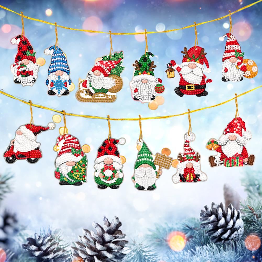 12Pcs Acrylic Christmas Theme Diamond Painting Hanging Ornaments Kit 5D DIY Diamond Art Hanging Decorations for Christmas Tree
