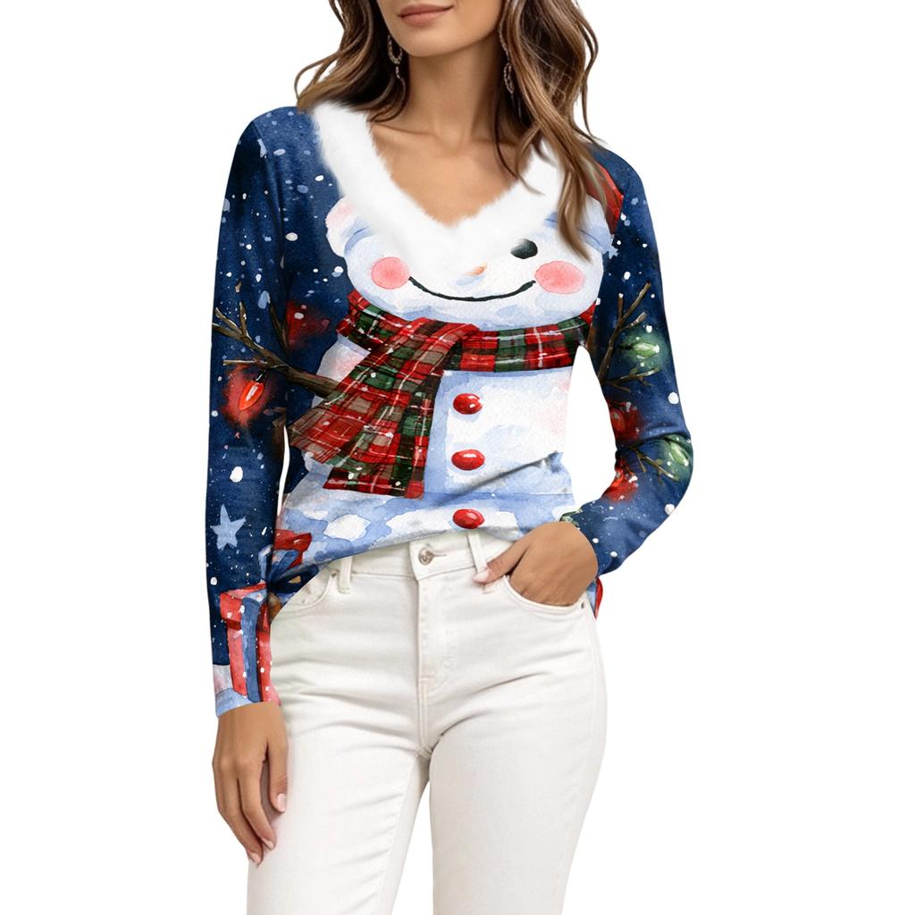 Women's Christmas Long Sleeve Top with Snowflake and Christmas Tree Print, Collar and V-Neck