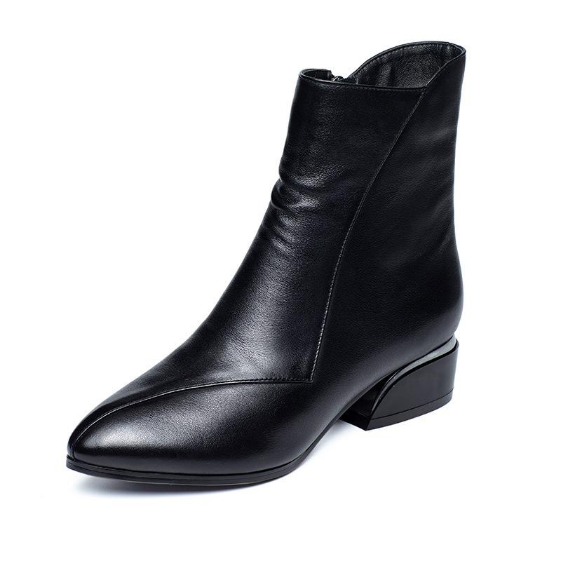 Short Boots Women's Single Boots Fleece Warm Cowhide Medium Boots Martin Boots Autumn and Winter Snow Boots Women's Cotton Shoes Boots