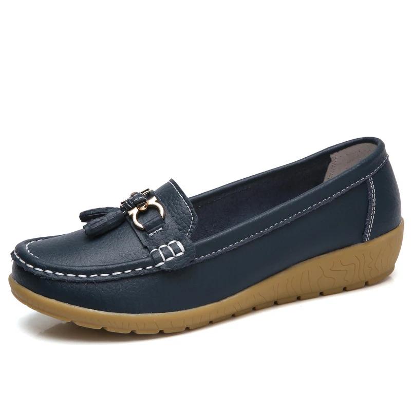 Damen Ballerinas Mode Echtes Leder Keilabsatz Retro Damenschuh Quaste Damen Loafers Slip On Weiche Damen Mokassins Übergröße