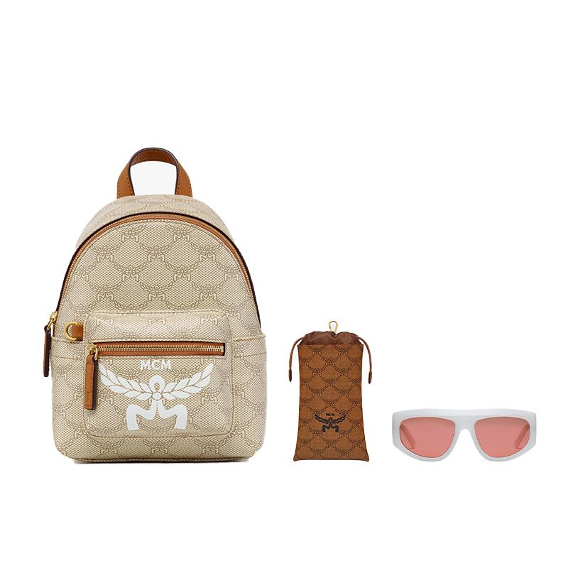 MCM Stark Lauretos Monogram Coated Canvas And Leather Mini Backpack Women Backpack Beige MMKESVE03I9001