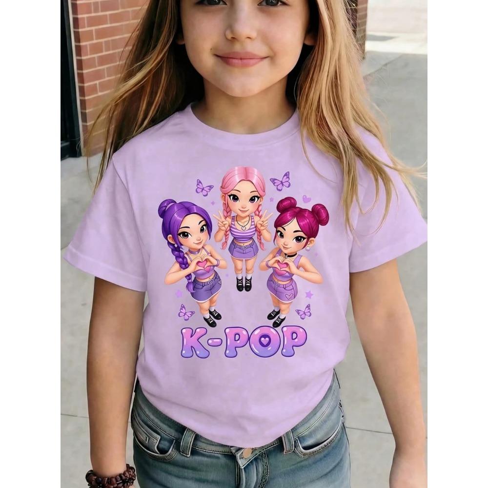 Kpop Cartoon Graphic Girls T-Shirt Casual Round-Neck T-Shirt Suitable for Girls Kids Gift Short Sleeve Tops Children's Clothing