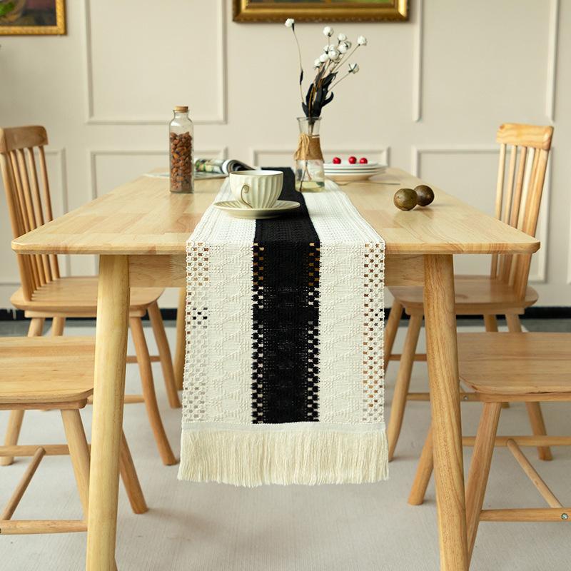 Tischfahne aus Baumwolle und Leinen zum Spleißen, zweifarbige gewebte Tischdecke mit Quaste, natürliches Material, Dekoration für den Homestay, pastorale Dekoration