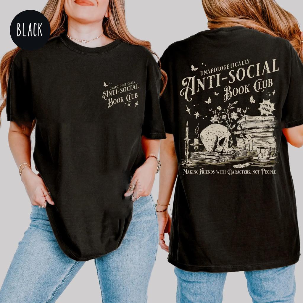 Vintage Antisocial Book Club 2 Sided Comfort TShirt for Introverted RoUnisexce Reader Distressed Tee Trendy Casual Streetwear
