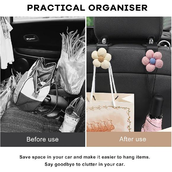 4 PCS Car Seat Headrest Hooks, Cute Flower Vehicle Backseat Hanger Storage Hook, Portable Auto Seat Back Holder Hanging Organizer for Purse Grocery