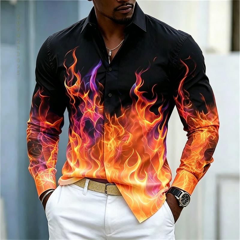 Men's shirt street style colorful flame printed long sleeved shirt with black background gradient color flame slimming shirt
