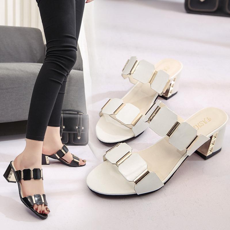 New fish mouth one-word sandals women's summer middle heel versatile fashion women's shoes thick heel cool slippers large size