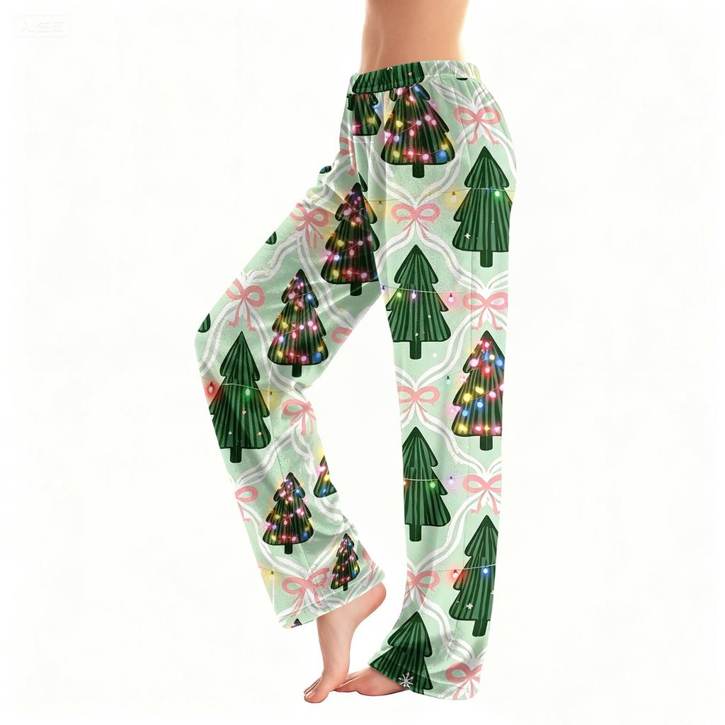 Women's Christmas Snowflake Tree Print Pajama Sleep Pants for Home Comfort