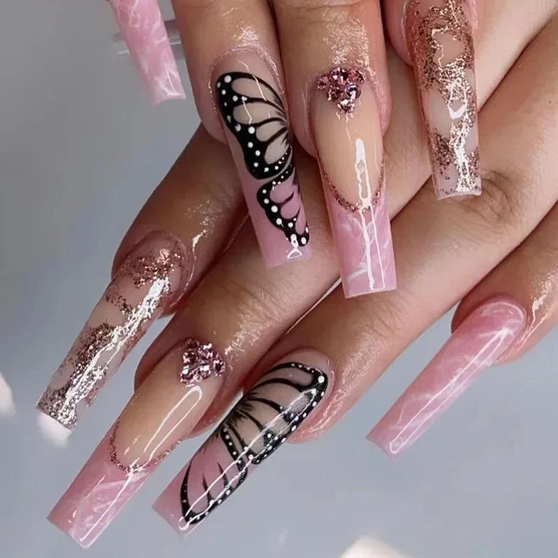 24Pcs Long Coffin False Nails with Love Rhinestone Design Pink French Ballet Fake Nails Manicure Tips Wearable Press on Nails