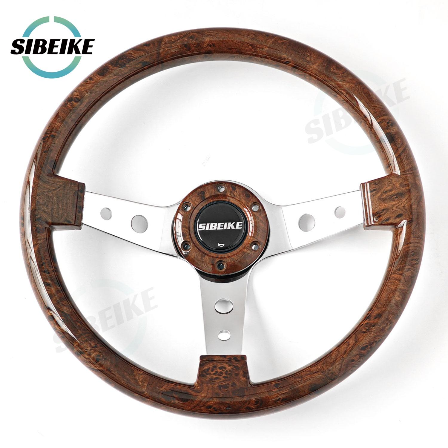 SIBEIKE 350mm Wood Color ABS Steering Wheel Chrome Spoke Racing Classic Deep Steering Wheel B