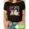 Women'S Love Cats Print T-Shirt, Short Sleeve Crew Neck Casual Top with 3 Cats and Pink Hearts, Slight Stretch, Regular Length, Summer & Spring