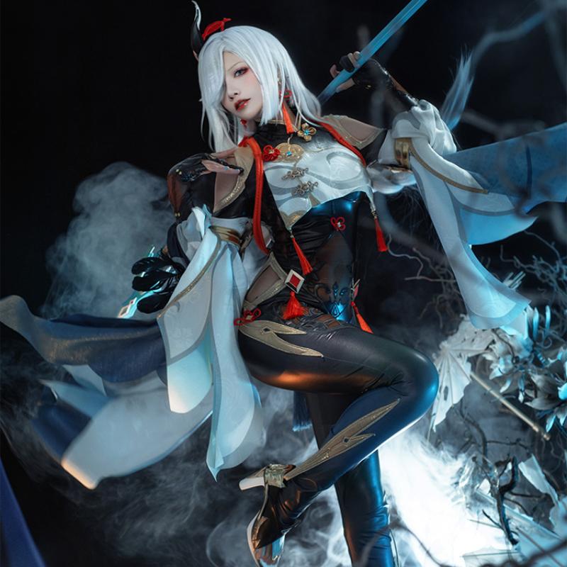 Hra Shenhe Cosplay Kostým Kombinéza Paruka Shen He Battle Suits Anime oblečení Kostým