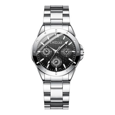 Women's Waterproof Wristwatch with Round Dial: Large Dial, Triple Eyes, Stainless Steel Strap, Bar Indexes, Adjustable Quartz Movement, Black Dial,