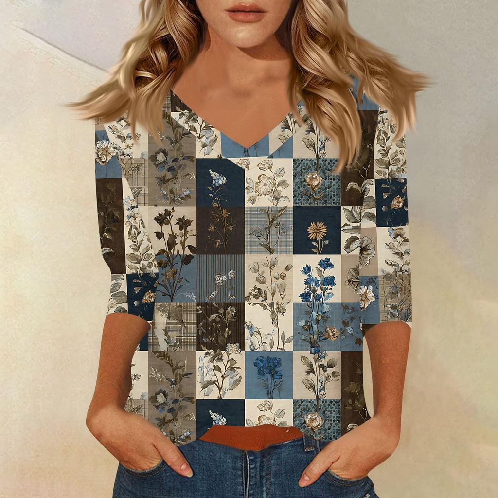 Women's T Shirt Print 3/4 Sleeve Daily Weekend Fashion Basic V- Neck Regular Top