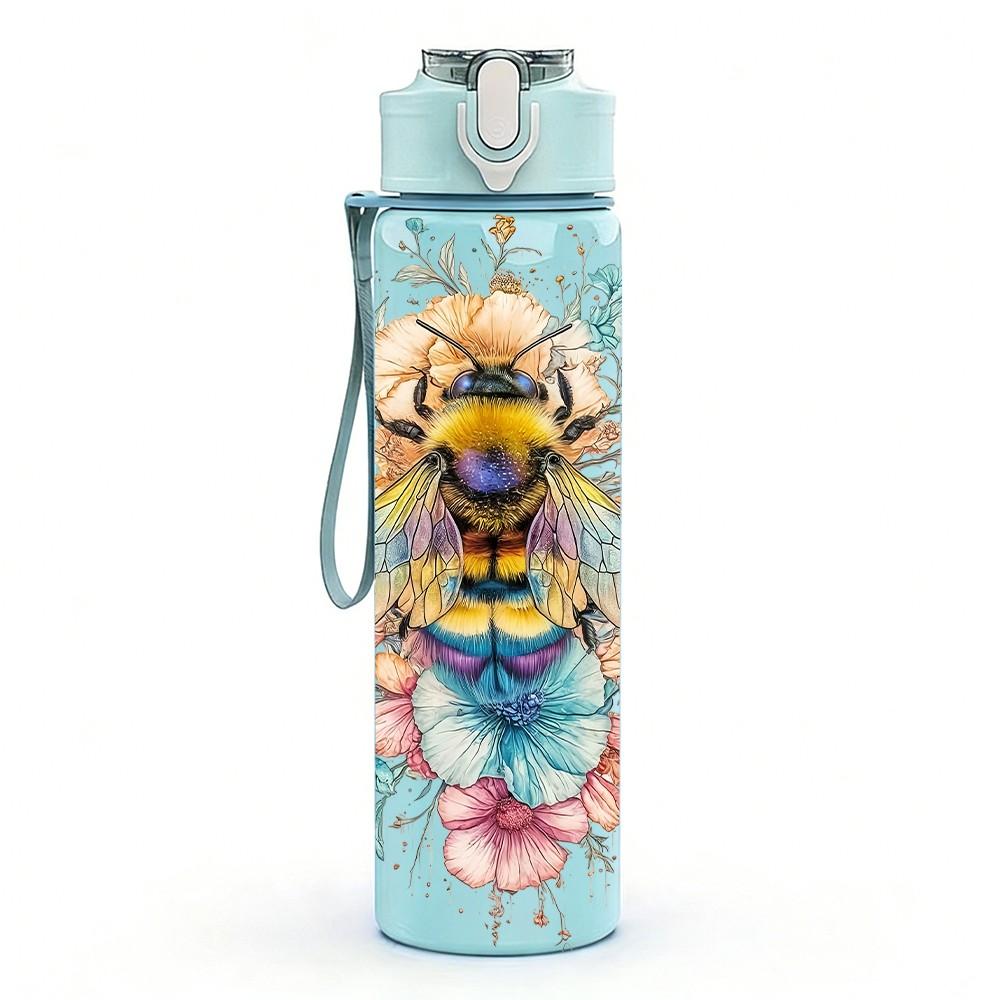 1PC Honey Bee Soft Floral Pastel Art Design 750ml Color Plastic Sports Water Bottle Leakproof Flip Straw Lid Suitable for Sports Office Home Use