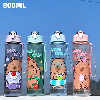 800ML Kids Water Bottle Creative Cartoon Plastic Cup with Straw&Hand Rope Large Capacity Water Bottle Outdoor Portable Water Cup