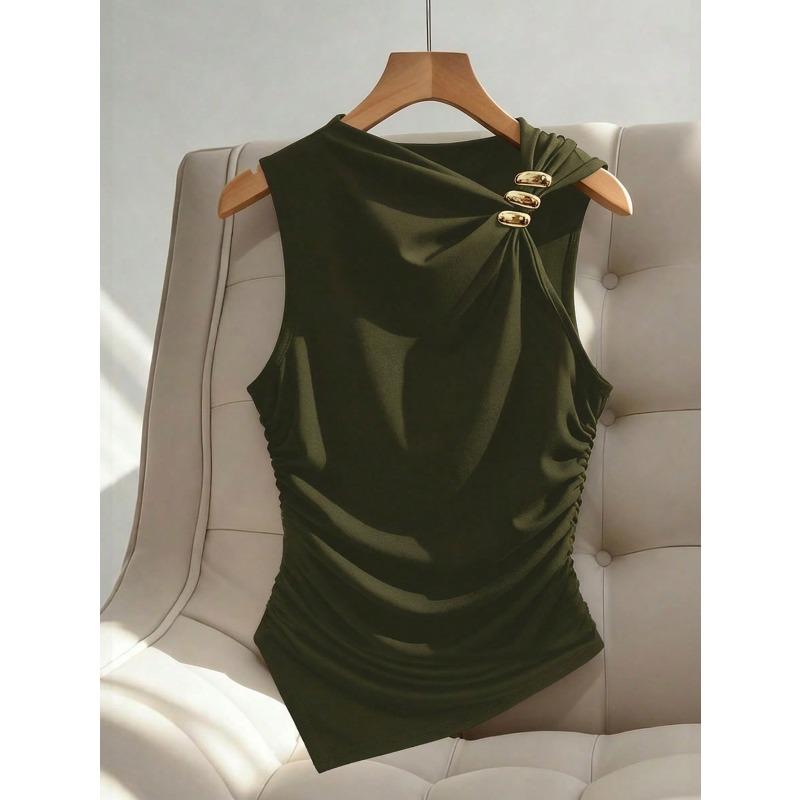 Simple Sleeveless Metal Ring Solid Color Thin Shirt Top Women